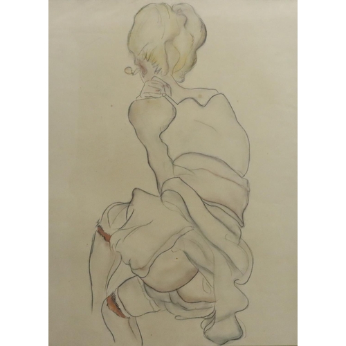 231 - Pierre Claude Beau Rencontre, after Egon Schiele, pastel, 54.5cm x 42cm,  3/4 length back view of a ... 