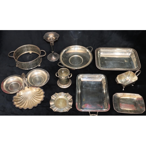 236 - A silver plated 3-sectioned dish with shell shaped dish and fixed overhead handle (no glass liners),... 