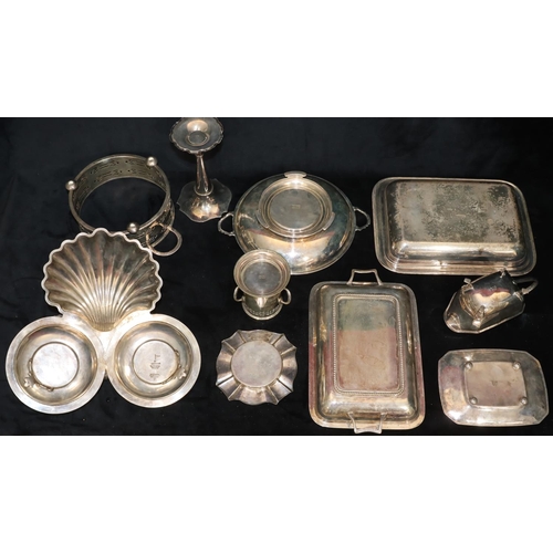 236 - A silver plated 3-sectioned dish with shell shaped dish and fixed overhead handle (no glass liners),... 