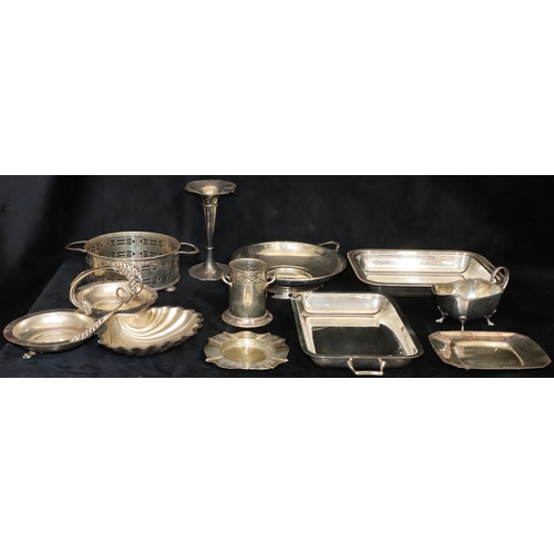 236 - A silver plated 3-sectioned dish with shell shaped dish and fixed overhead handle (no glass liners),... 