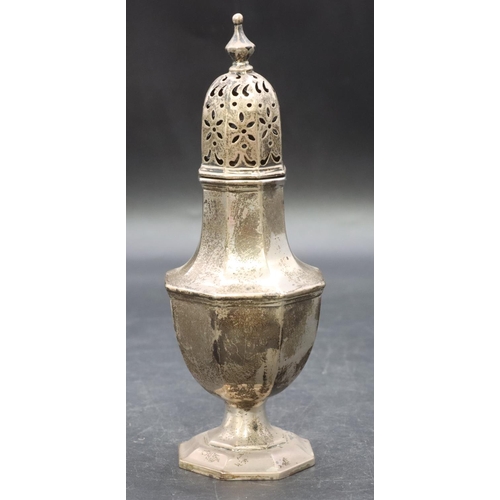 241 - A Birmingham silver octagonal bulbous shaped sugar caster on sweeping base, 16.5cm high, 2.2oz