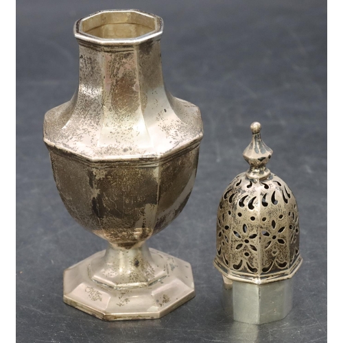 241 - A Birmingham silver octagonal bulbous shaped sugar caster on sweeping base, 16.5cm high, 2.2oz