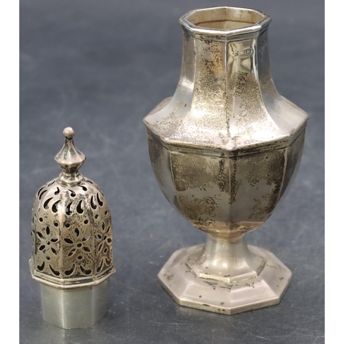 241 - A Birmingham silver octagonal bulbous shaped sugar caster on sweeping base, 16.5cm high, 2.2oz