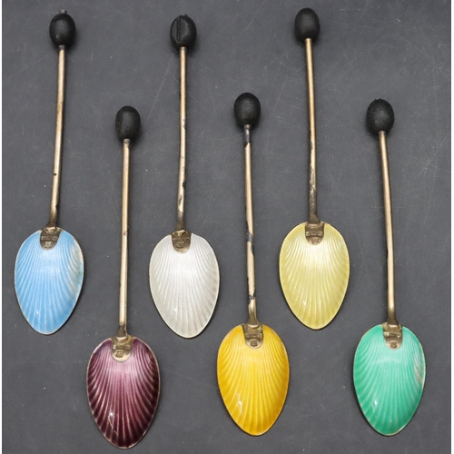 242 - A set of 6 Birmingham silver blue and green enamelled coffee bean spoons in fitted black leather cas... 