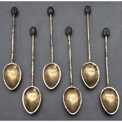 242 - A set of 6 Birmingham silver blue and green enamelled coffee bean spoons in fitted black leather cas... 