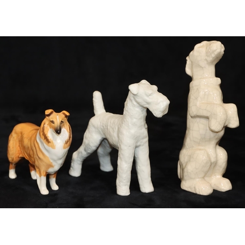 27 - A Beswick figure of a Collie dog, 11cm long, a Crackleware glazed figure of a begging dog on cream g... 