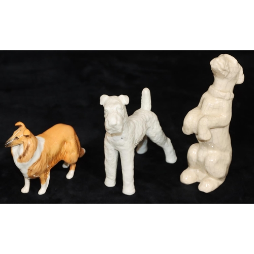 27 - A Beswick figure of a Collie dog, 11cm long, a Crackleware glazed figure of a begging dog on cream g... 