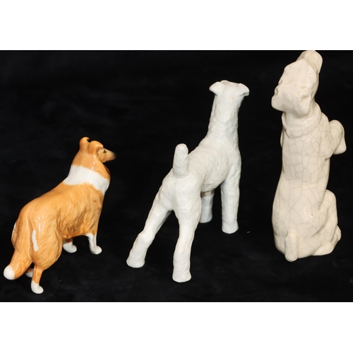 27 - A Beswick figure of a Collie dog, 11cm long, a Crackleware glazed figure of a begging dog on cream g... 