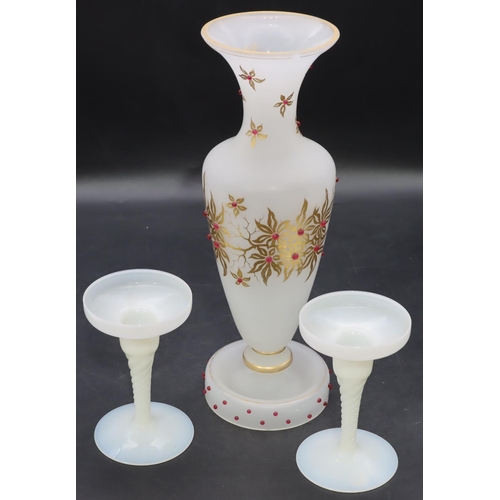 3 - A 19th Century Opaline round bulbous thin necked trumpet shaped vase (chip to rim) with raised red s... 