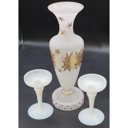 3 - A 19th Century Opaline round bulbous thin necked trumpet shaped vase (chip to rim) with raised red s... 