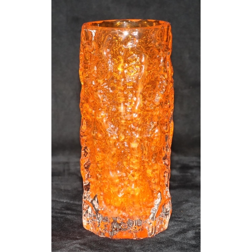 32 - A Whitefriars orange glass bark cylindrical vase, 19cm high