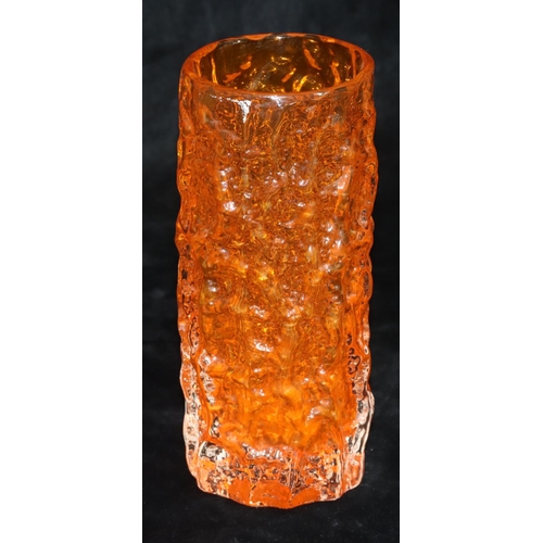 32 - A Whitefriars orange glass bark cylindrical vase, 19cm high