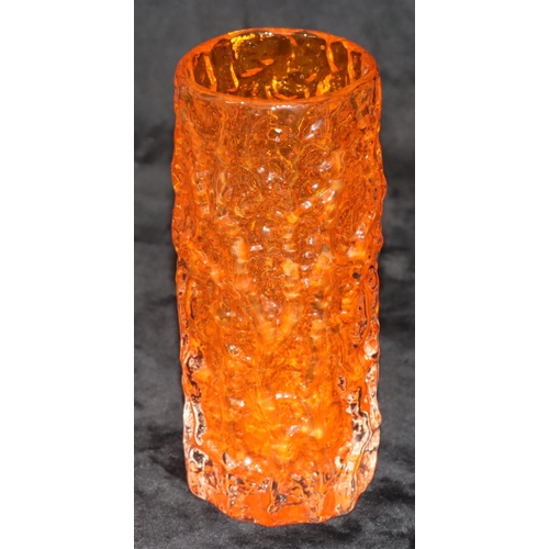 32 - A Whitefriars orange glass bark cylindrical vase, 19cm high