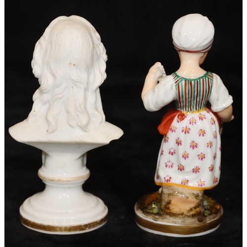 41 - A small 19th Century German bust of a standing girl (1 finger and both ends of item she is holding d... 