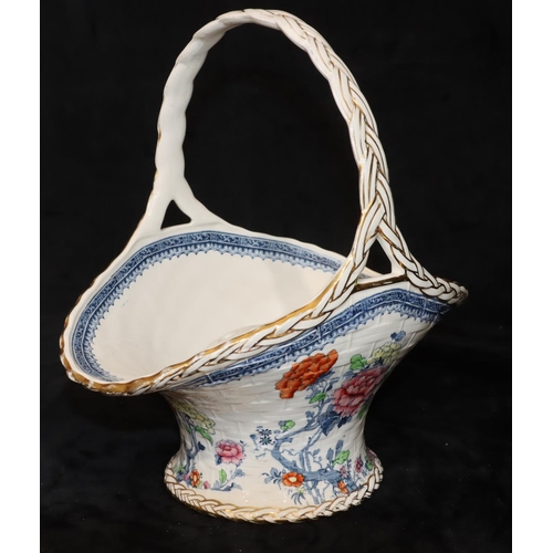 42 - A china basket shaped vase with inner frog block on white ground with multi-coloured floral, leaf an... 