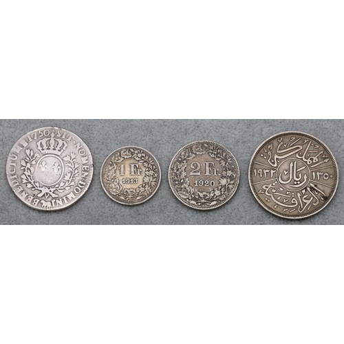 525 - A Middle Eastern silver coin, a 2 Franc 1920 coin, a silver 1 Franc, 1913 and a French Ecu, 1750 sil... 