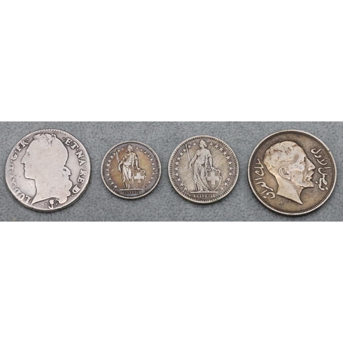 525 - A Middle Eastern silver coin, a 2 Franc 1920 coin, a silver 1 Franc, 1913 and a French Ecu, 1750 sil... 