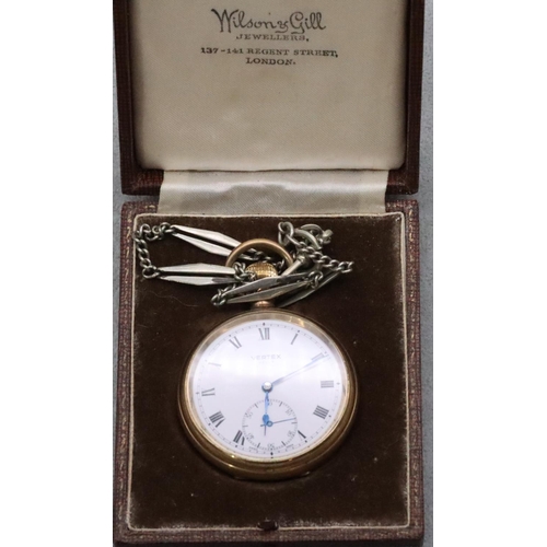 527 - A Vertex Revue gold plated open faced pocket watch with white enamel dial, seconds dial and Roman nu... 