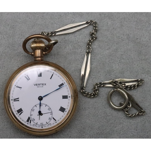 527 - A Vertex Revue gold plated open faced pocket watch with white enamel dial, seconds dial and Roman nu... 