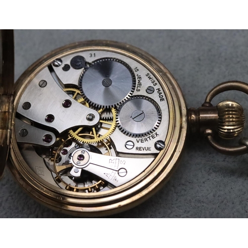 527 - A Vertex Revue gold plated open faced pocket watch with white enamel dial, seconds dial and Roman nu... 