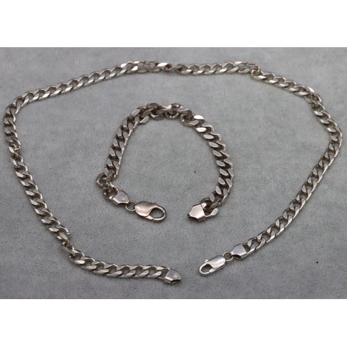 528 - A 925 silver flat curve necklace, 50cm long and a matching curve bracelet, 21.5cm long, 79.8 grams