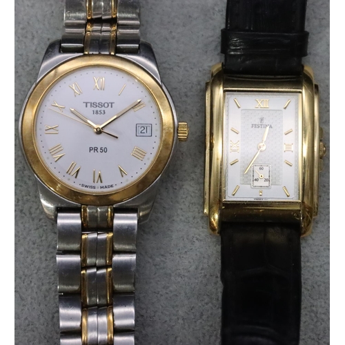 532 - A Tissot PR50 wristwatch with steel bracelet and a Festina tank wristwatch with seconds dial and lea... 