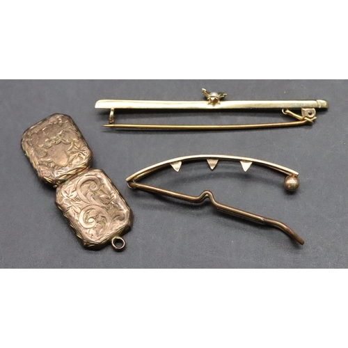 549 - A 9ct gold bar brooch set with centre floral motif, inset with half pearl, a 9ct gold hairclip with ... 