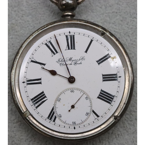 558 - John Myers & Co. 935 silver coloured metal open faced pocket watch with part engine turned decoratio... 