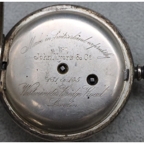 558 - John Myers & Co. 935 silver coloured metal open faced pocket watch with part engine turned decoratio... 