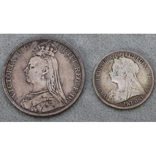 563 - A Victorian silver Crown, 1892 and a silver 1 Florin, 1900, 38.8 grams (2)