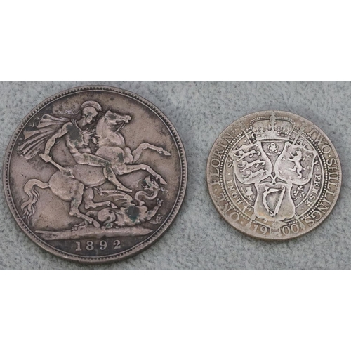 563 - A Victorian silver Crown, 1892 and a silver 1 Florin, 1900, 38.8 grams (2)