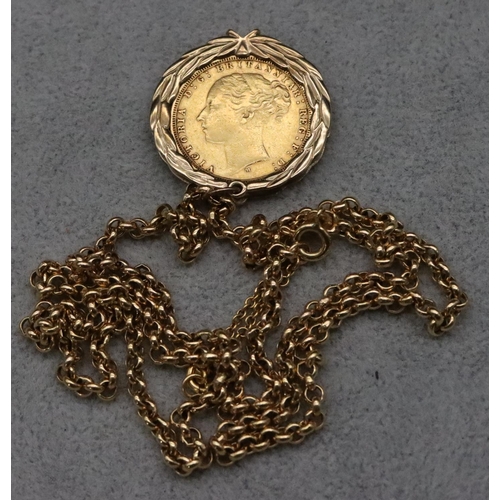 571 - A Victorian gold sovereign 1880, mounted in 9ct gold removable pendant, with 9ct gold linked chain w... 