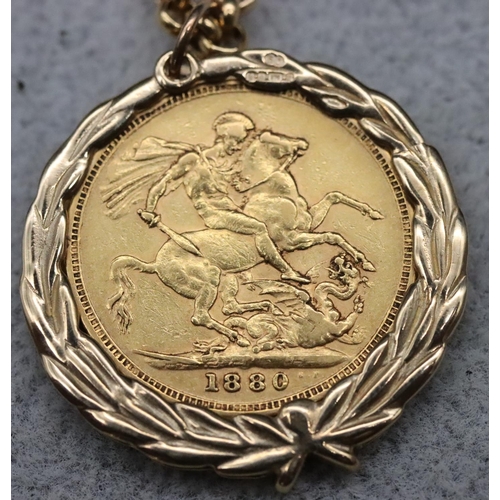 571 - A Victorian gold sovereign 1880, mounted in 9ct gold removable pendant, with 9ct gold linked chain w... 