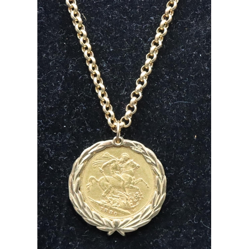 571 - A Victorian gold sovereign 1880, mounted in 9ct gold removable pendant, with 9ct gold linked chain w... 