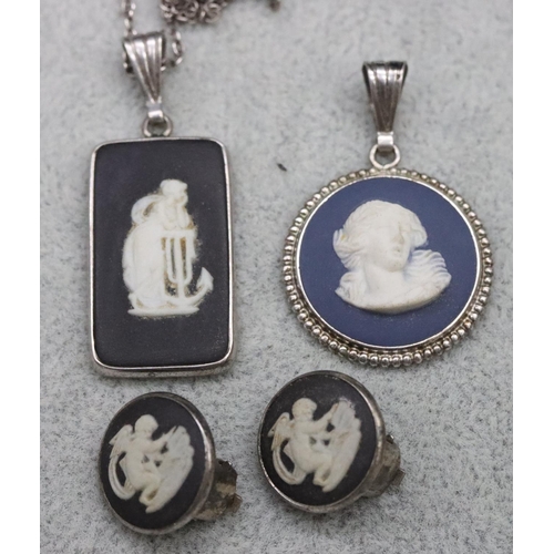 574 - A silver mounted Wedgwood Jasperware plaque pendant with chain, a pair of similar Wedgwood circular ... 