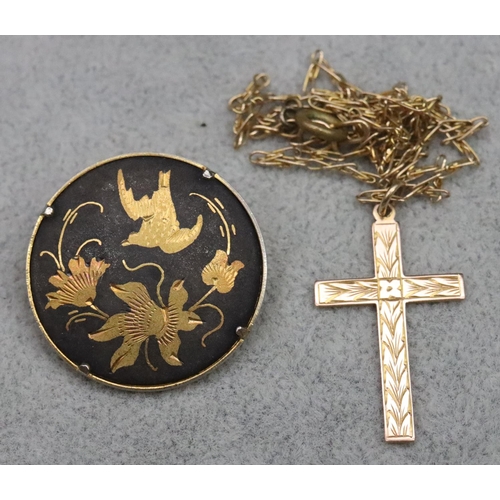 575 - A 9ct gold cross pendant with chain (part later plated clasp), 3.3 grams gross, a circular brooch on... 