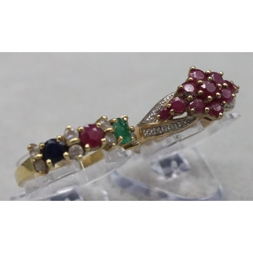 583 - An 18ct gold ladies' ring set with emerald, ruby, sapphire and clear stones, Size O/P and a 9ct gold... 