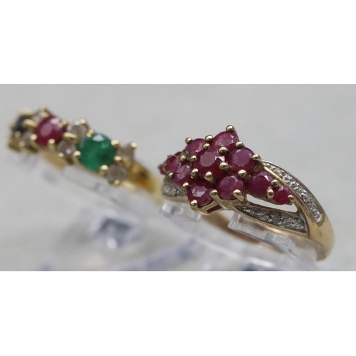 583 - An 18ct gold ladies' ring set with emerald, ruby, sapphire and clear stones, Size O/P and a 9ct gold... 