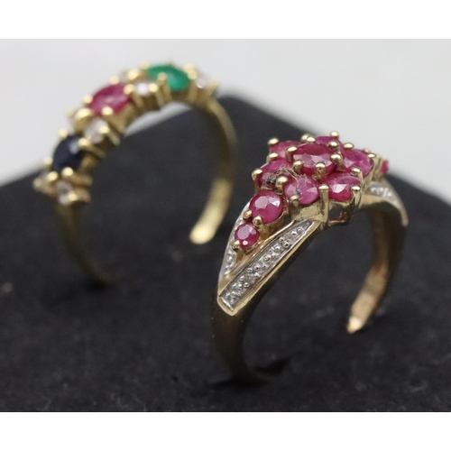 583 - An 18ct gold ladies' ring set with emerald, ruby, sapphire and clear stones, Size O/P and a 9ct gold... 