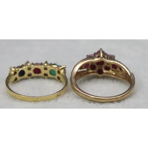 583 - An 18ct gold ladies' ring set with emerald, ruby, sapphire and clear stones, Size O/P and a 9ct gold... 