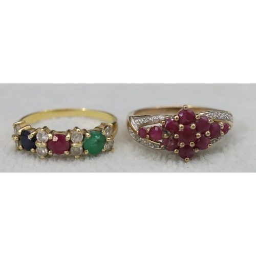 583 - An 18ct gold ladies' ring set with emerald, ruby, sapphire and clear stones, Size O/P and a 9ct gold... 