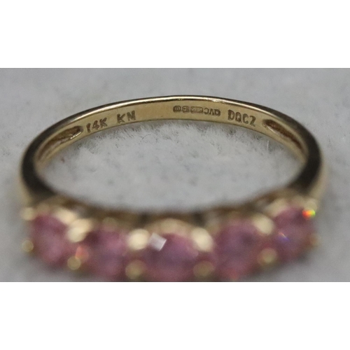 584 - A 14ct gold 5-stone ring set with pink coloured stones, Size N and a 9ct gold ring set with pink sto... 