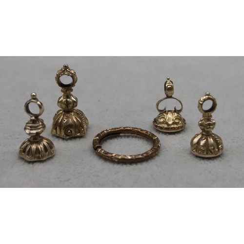 615 - 4 small gold pendant seals, all set with coloured stones, largest 2.3cm high, 9.8 grams gross and a ... 