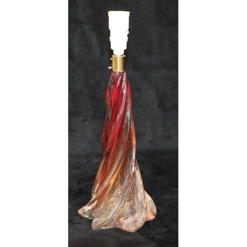 62 - A ruby and clear glass twist table lamp, 38cm high overall