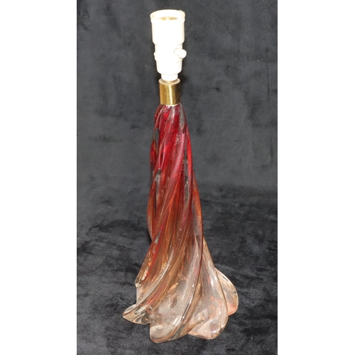 62 - A ruby and clear glass twist table lamp, 38cm high overall