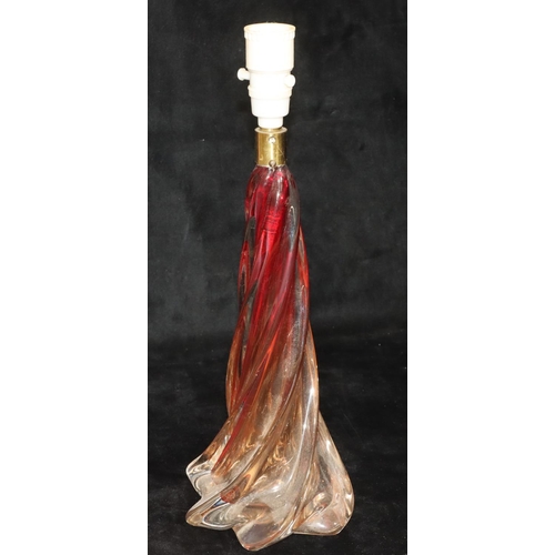 62 - A ruby and clear glass twist table lamp, 38cm high overall