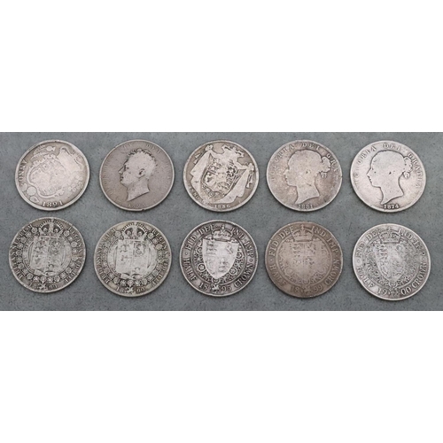 626 - 10 Victorian silver Half Crowns, 1821, 1825, 1836, 1874, 1881, 1890, 1895, 1899 and 1900, 134.4 gram... 