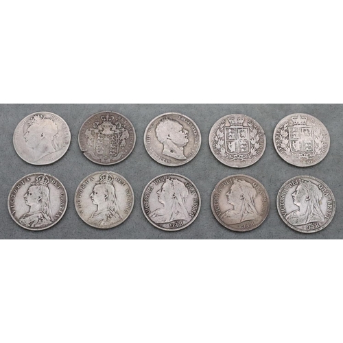 626 - 10 Victorian silver Half Crowns, 1821, 1825, 1836, 1874, 1881, 1890, 1895, 1899 and 1900, 134.4 gram... 