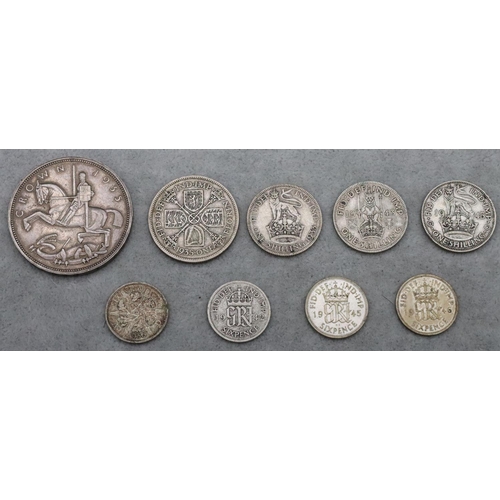 634 - A 1935 Rocking Horse Crown and 8 various British silver coins, 67.2 grams (9)