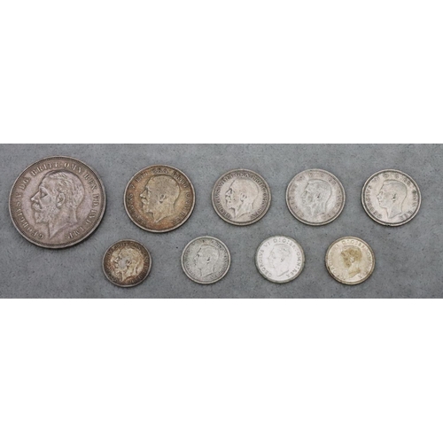 634 - A 1935 Rocking Horse Crown and 8 various British silver coins, 67.2 grams (9)